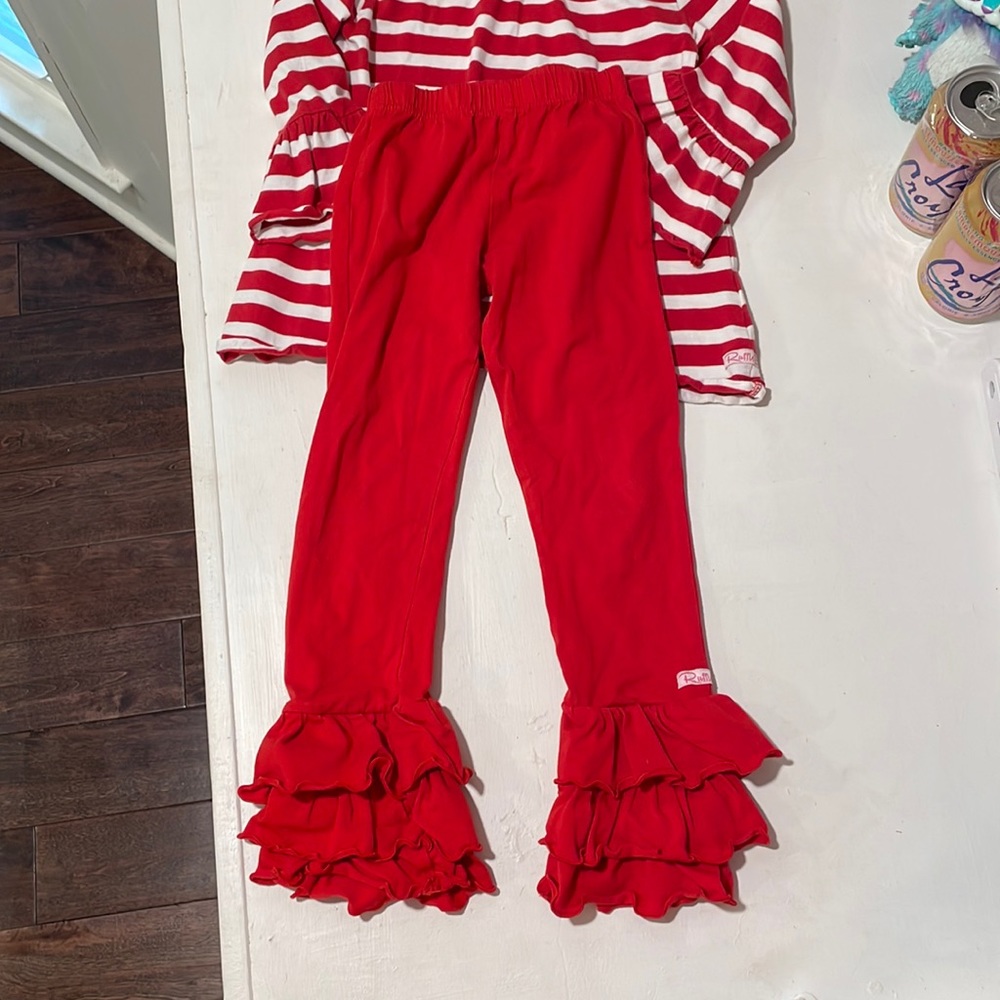 Two piece Ruffle butts red pants and striped shirt